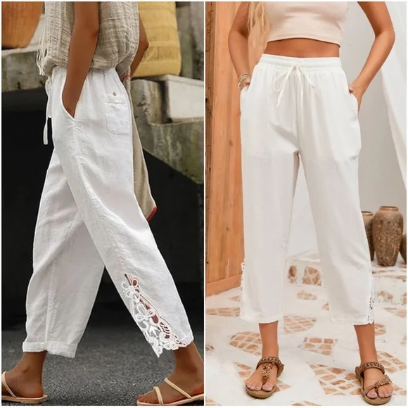 080 White Lace Detail Pockets Cotton Pants - Picture 3 of 6